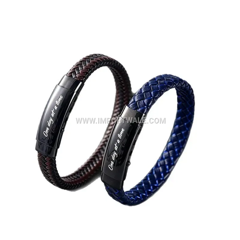 Men's Business Leather Woven Bracelet With Stainless Steel Magnetic Clasp