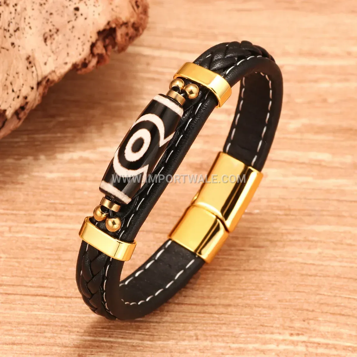 Woven Leather Dzi Bead Bracelet with Magnetic Clasp