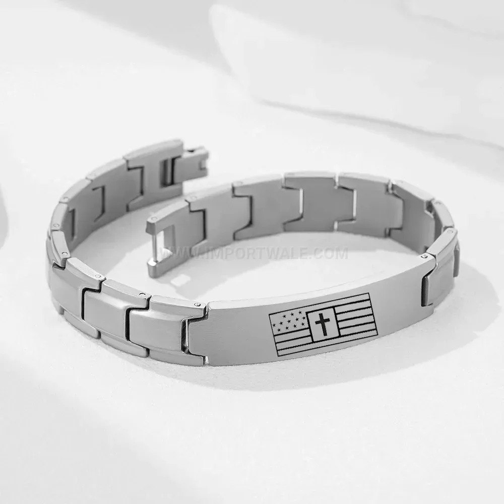 Men's Stainless Steel Engraved Cross Flag Watch Band Bracelet