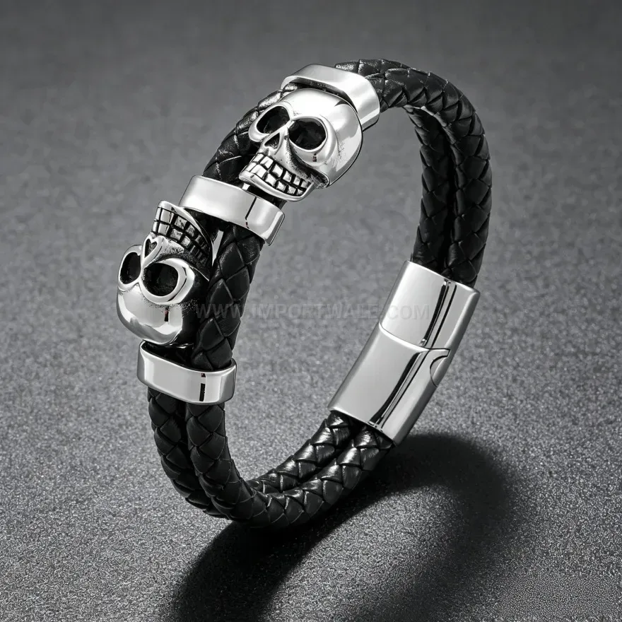 Chic Double Strand Braided Leather Skull Bracelet with Magnetic Clasp