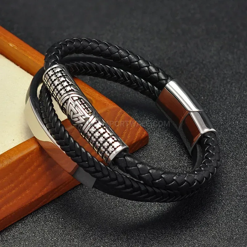 Designer Woven Microfiber Leather Stainless Steel Accent Men Wristband
