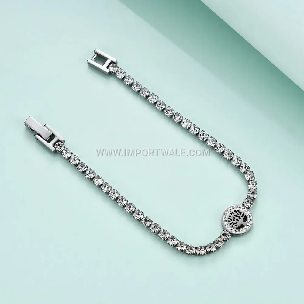 Stainless Steel Tree of Life Charm Bracelet with Zirconia Accent