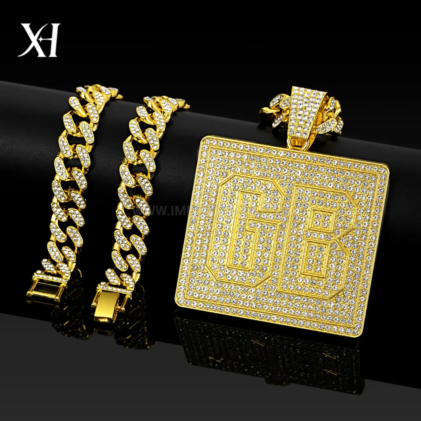 Premium Oversized Square Plaque Rhinestone GB Letter Pendant Necklace