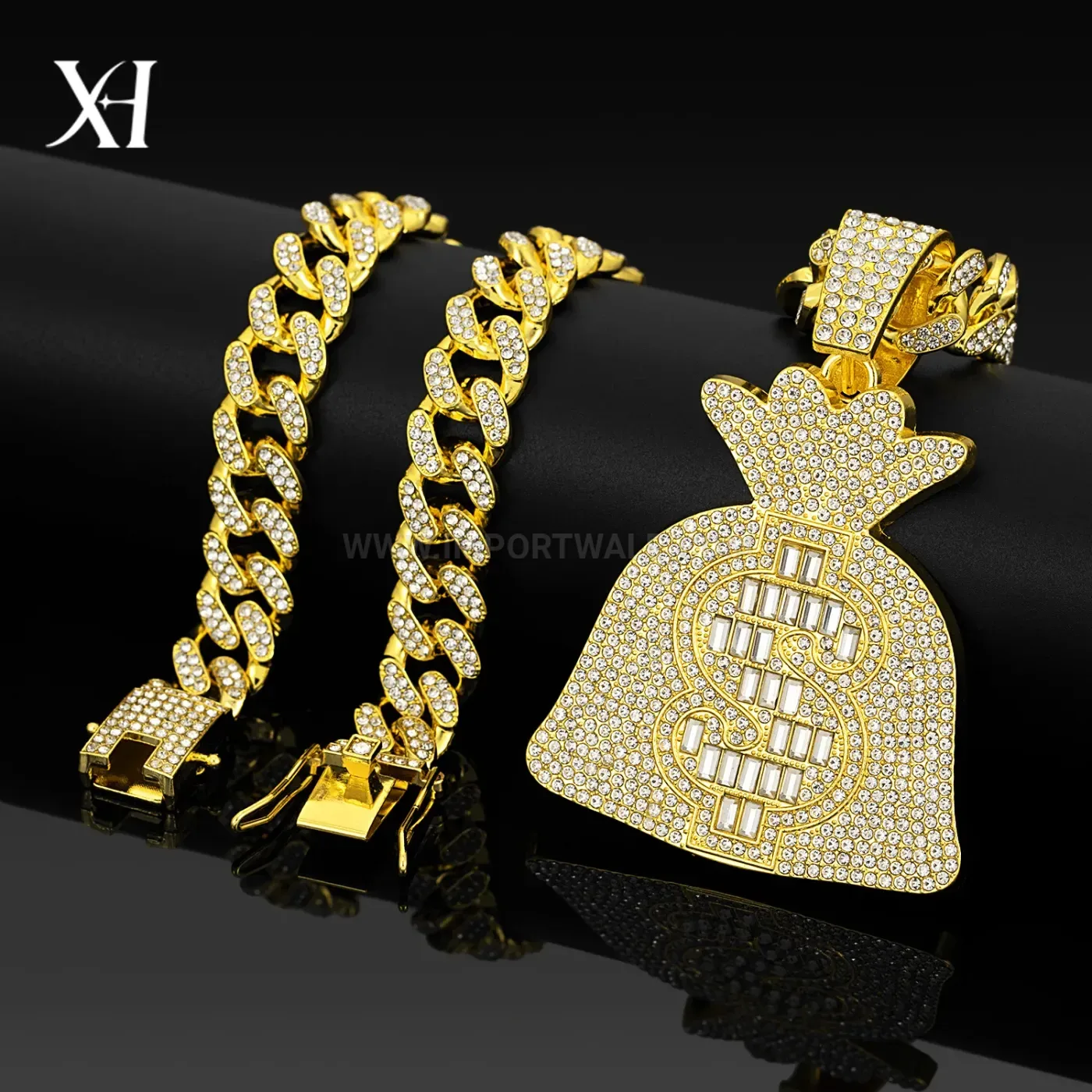 Fashion Rhinestone Money Bag Pendant Zinc Alloy Cuban Necklace