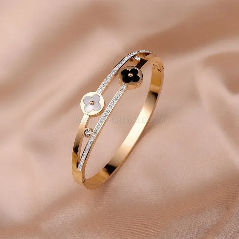 Modern Shell Clover Rhinestone Open Titanium Steel Bangle Bracelet