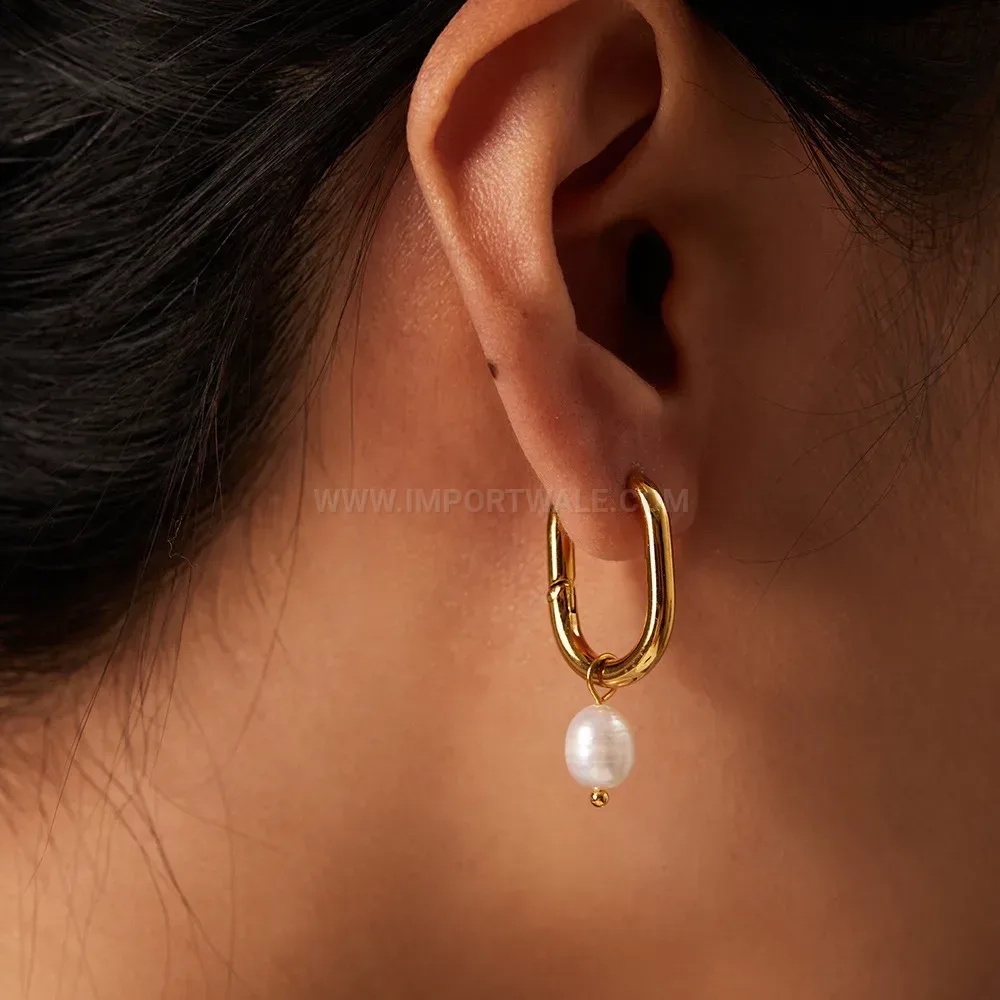 Designer Minimalist Imitation Pearl Titanium Steel Hoop Earrings