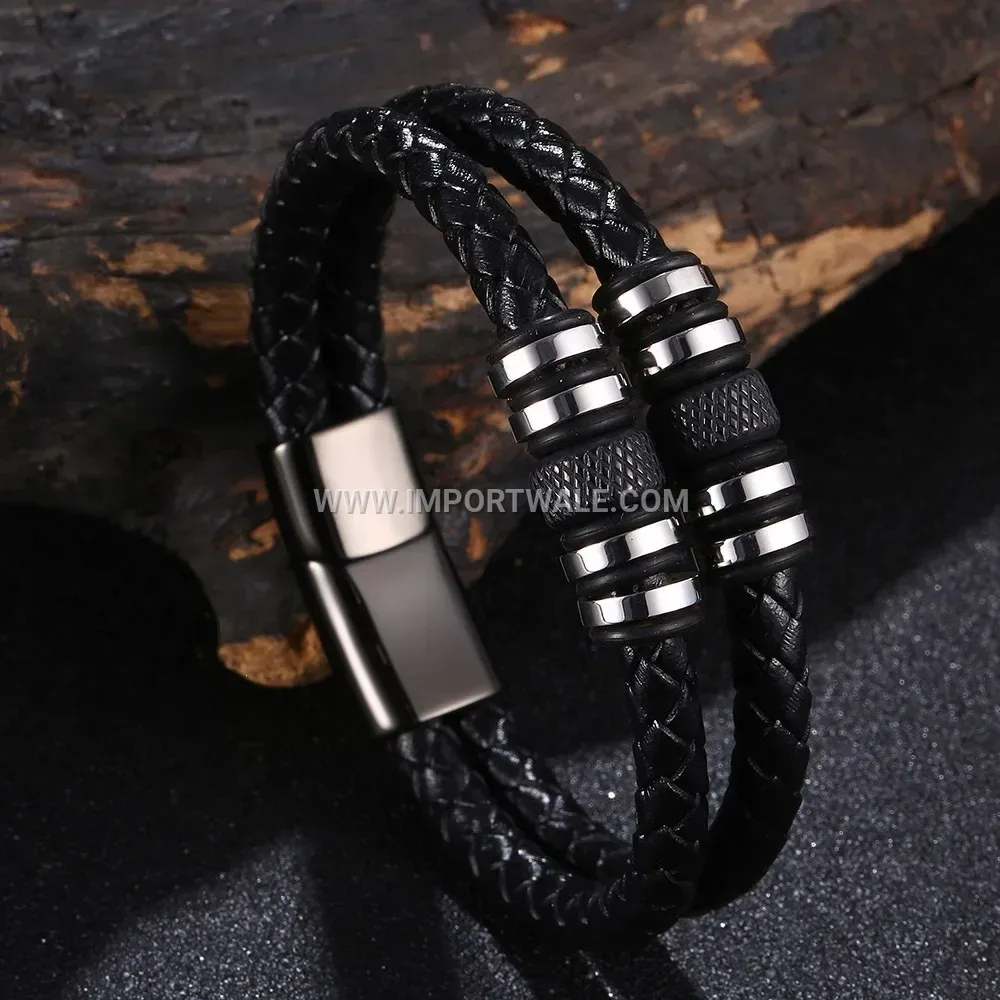 Retro Braided Leather Wristband with Stainless Steel Accent Beads