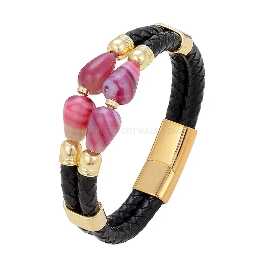 Double-Layer Woven Leather Stone Bracelet with Steel Buckle