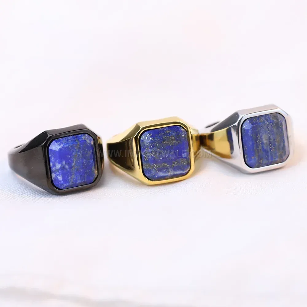 Modern Square Lapis Lazuli Inlaid Stainless Steel Signet Ring