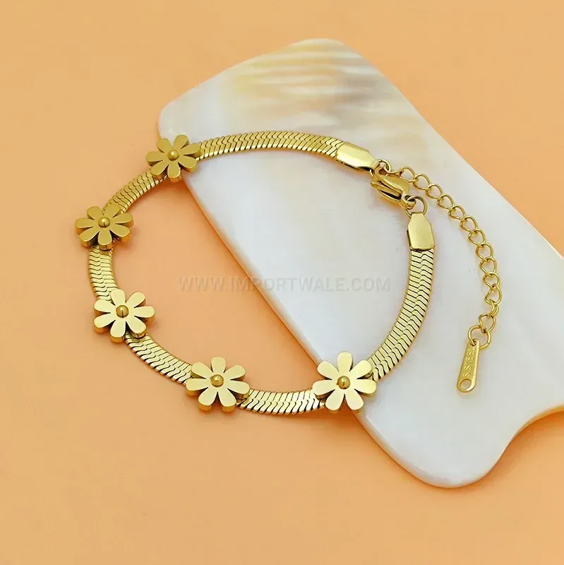 Gold Daisy Charm Snake Chain Stainless Steel Bracelet