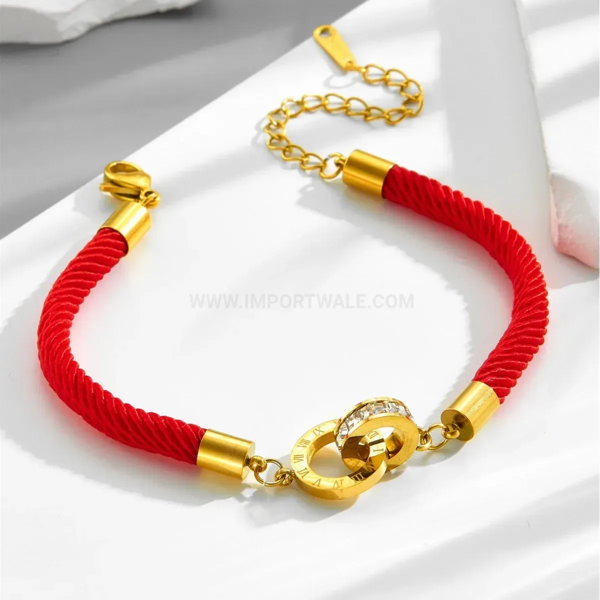 Woven Red Cord Roman Numeral Interlocking Double Ring Bracelet