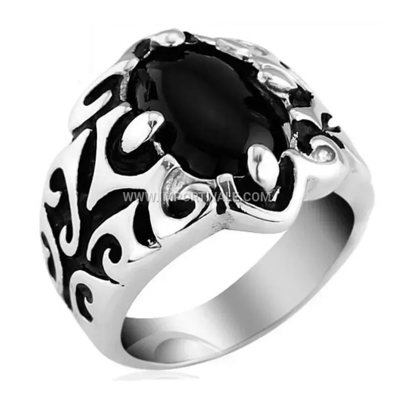 Vintage Oval Agate Inlaid Titanium Steel Signet Ring