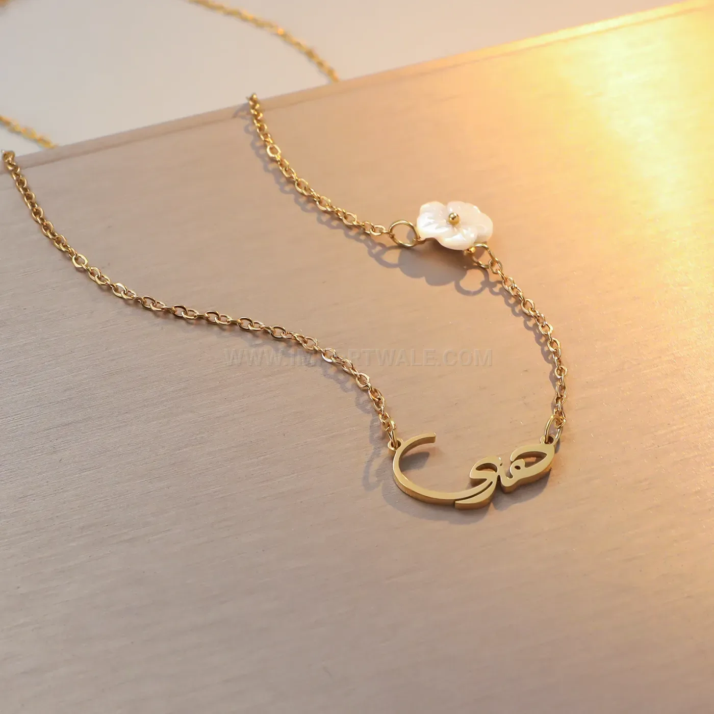 Gold Plated Stainless Steel Arabic Calligraphy Flower Shell Pendant Necklace