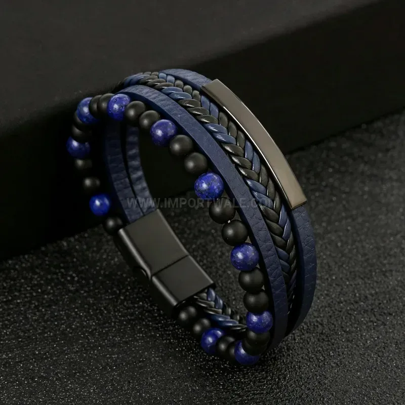 Fashion Multi Layer Braided Leather Gemstone Beaded Bracelet