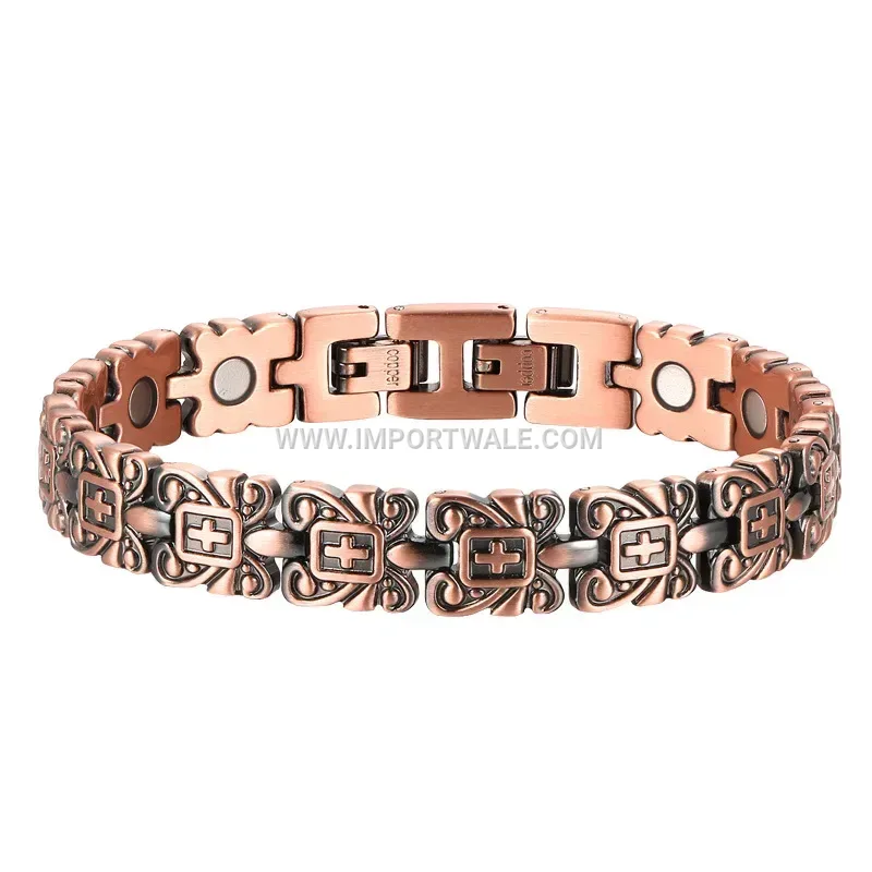 Turquoise Inlaid Red Copper Cross Bio Magnetic Bracelet