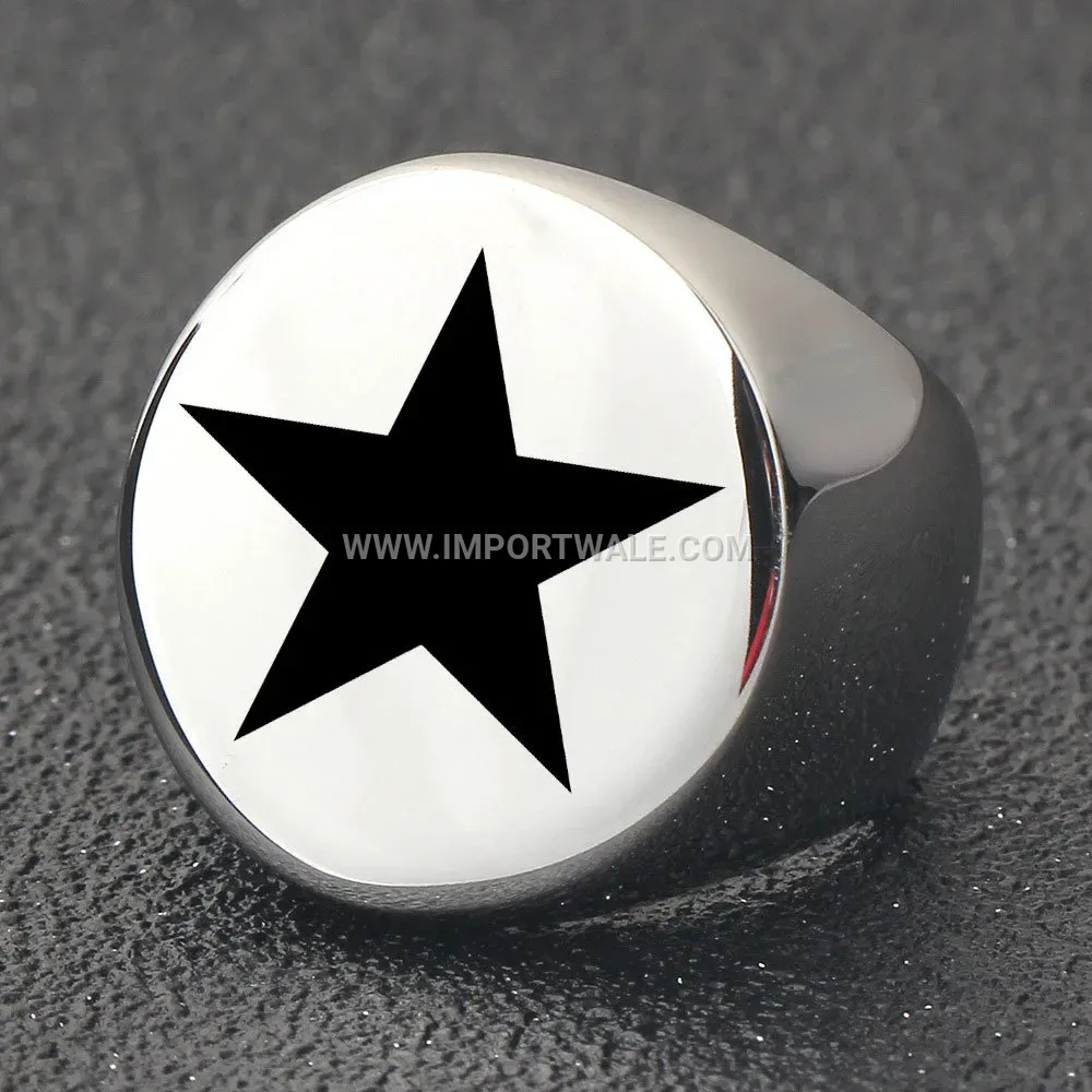 Laser Engraved Five-Point Star Stainless Steel Signet Ring