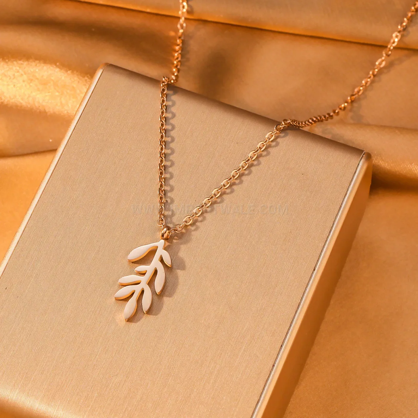 Gold Plated Stainless Steel Olive Branch Leaf Pendant Necklace