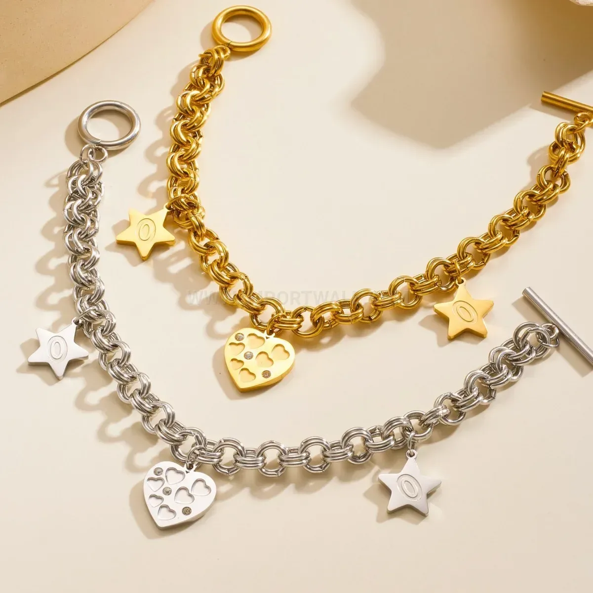 Heart Charm Stainless Steel Chain Link Couple Bracelet