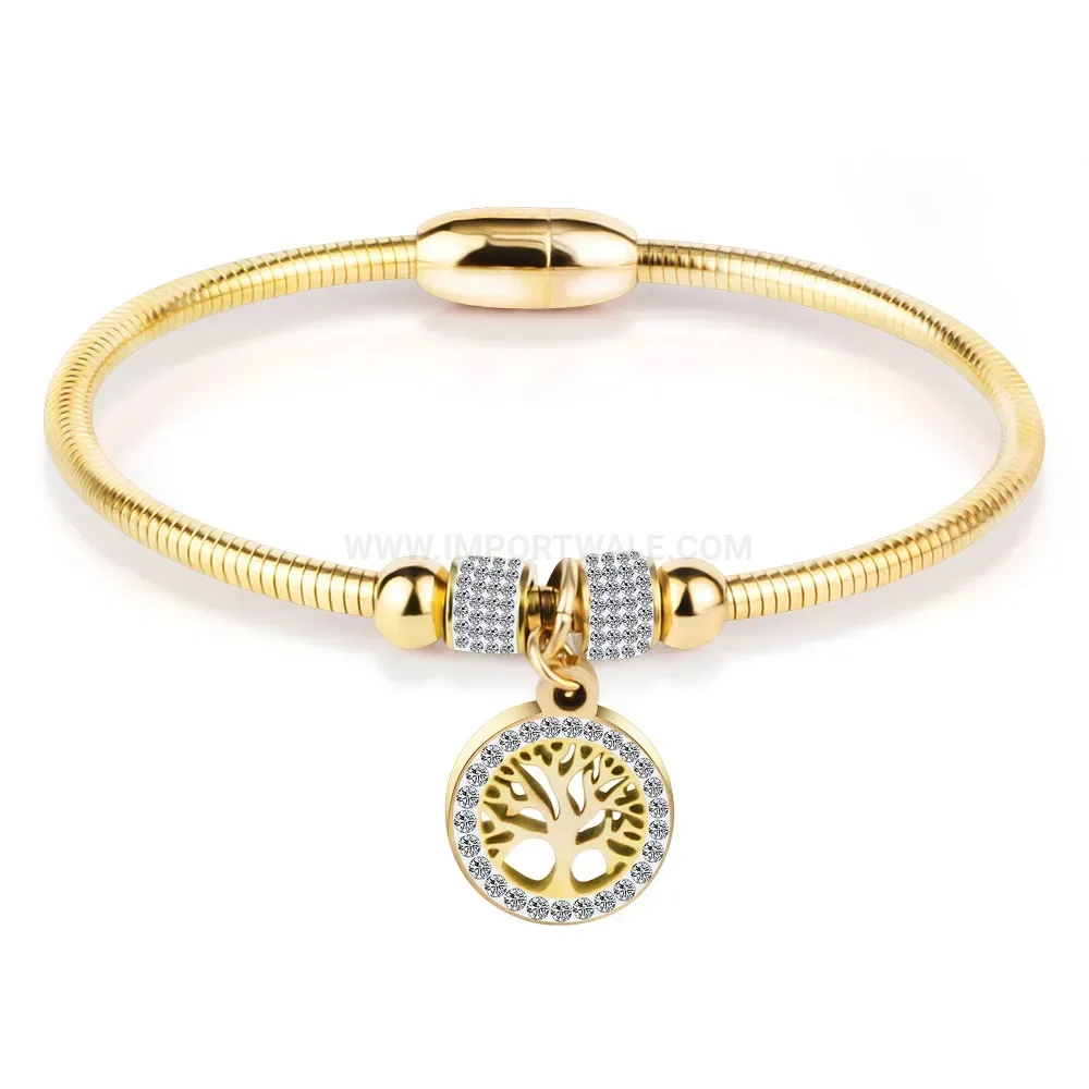 Designer Tree of Life Rhinestone Stainless Steel Magnetic Bangle
