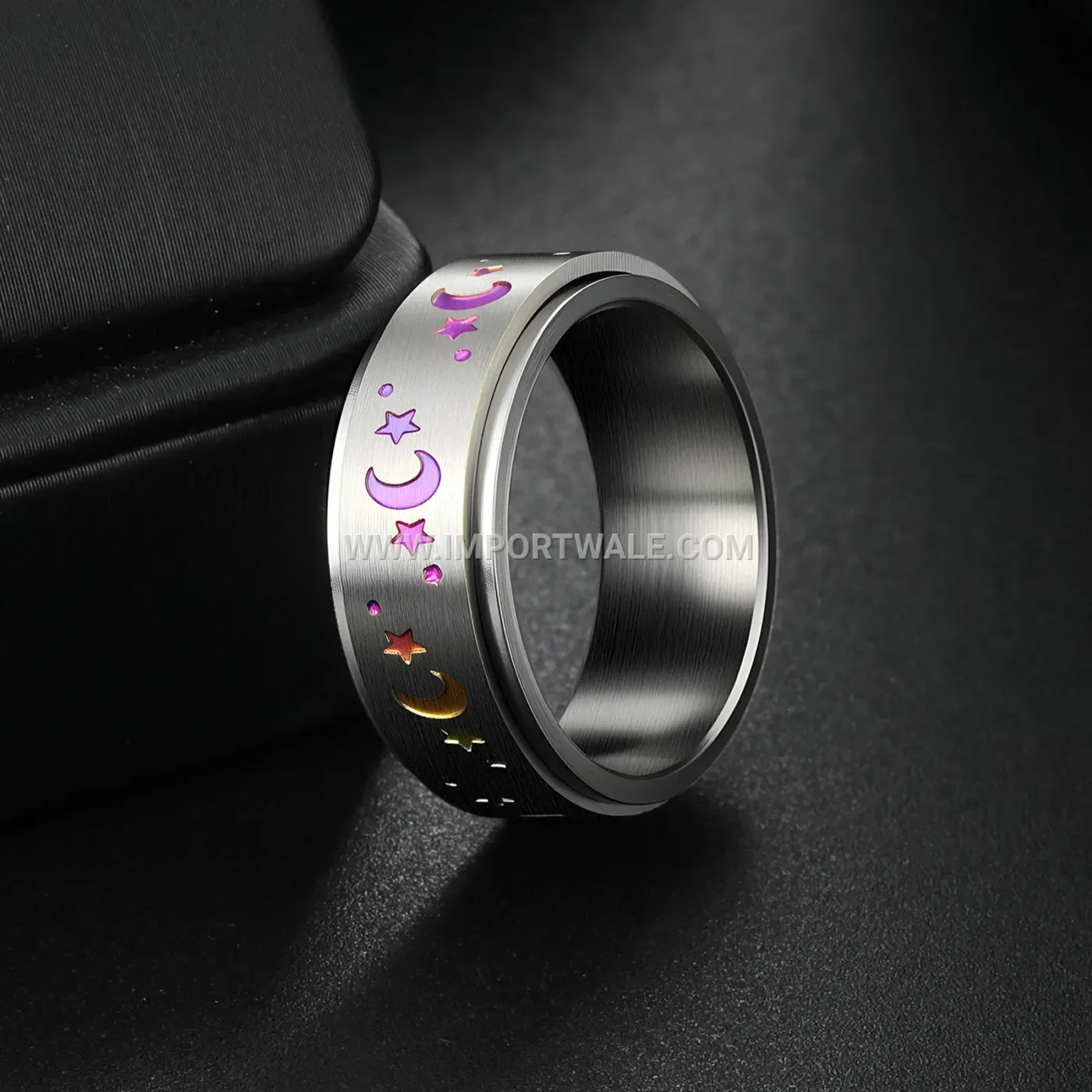 Titanium Steel Star and Moon Spinner Band Ring