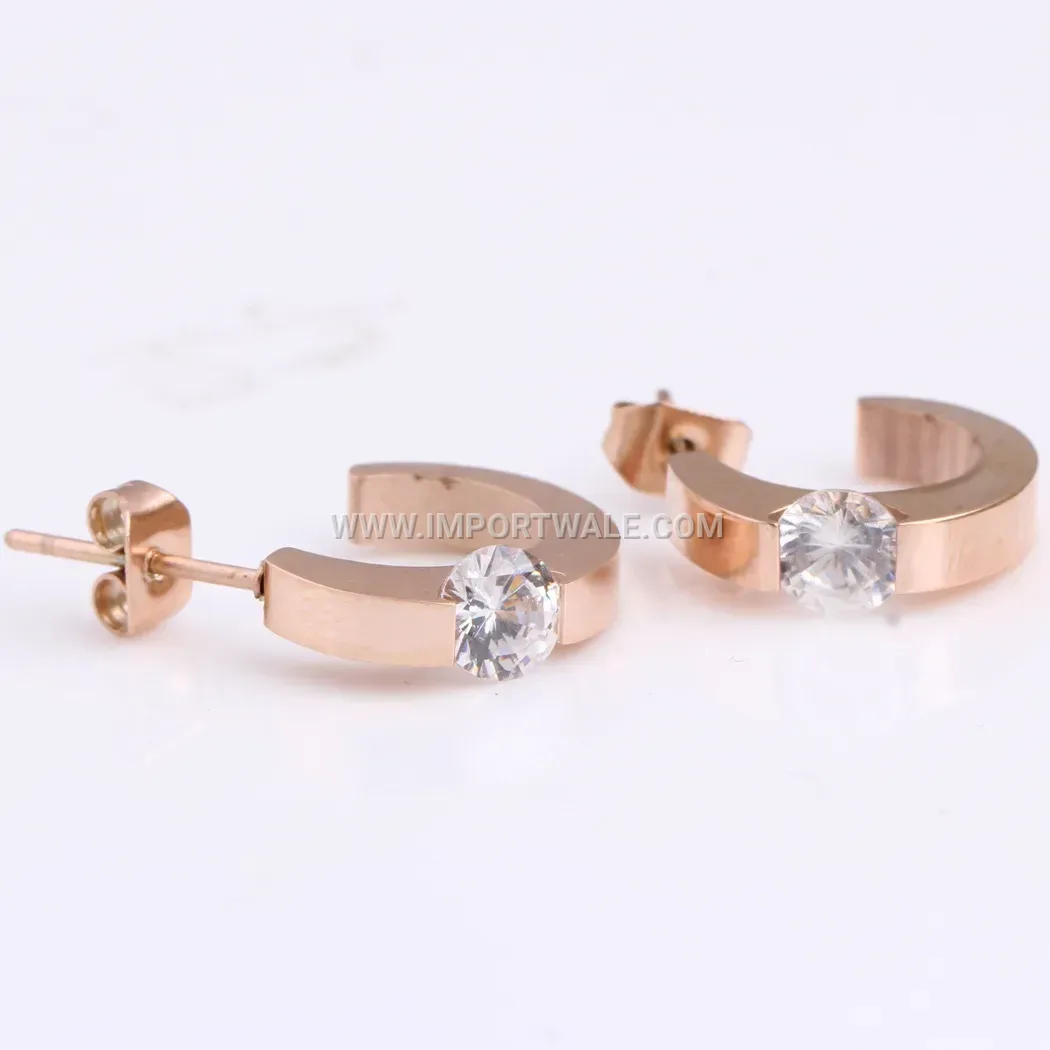 Curved C-Shape Stainless Steel Stud Earrings with Zirconia