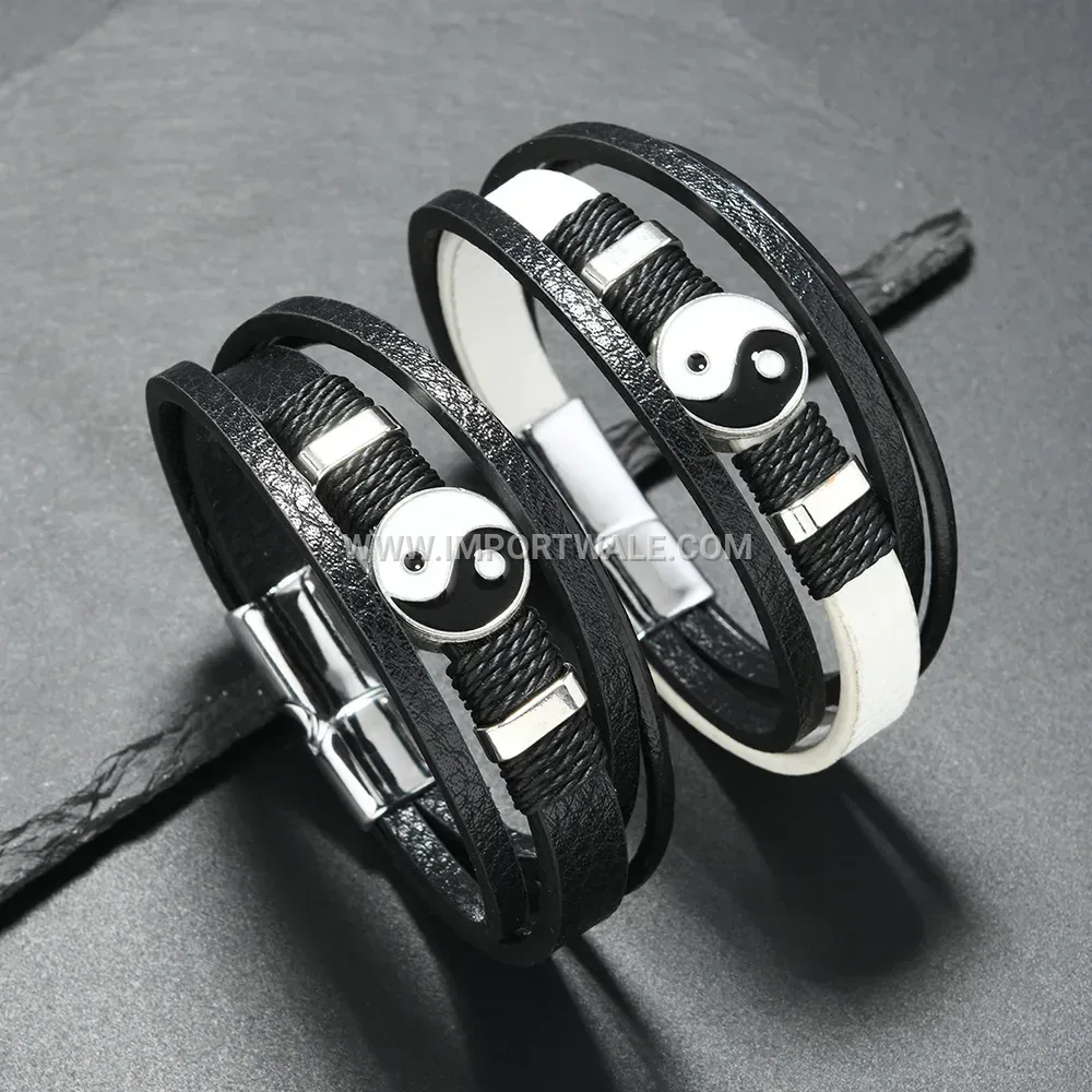 Tai Chi Enamel Leather Coded Wrap Bracelet