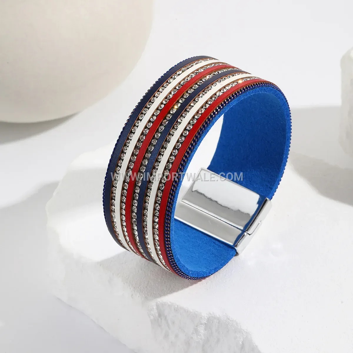 Multi-Strand Faux Leather Rhinestone Chain Magnetic Bracelet