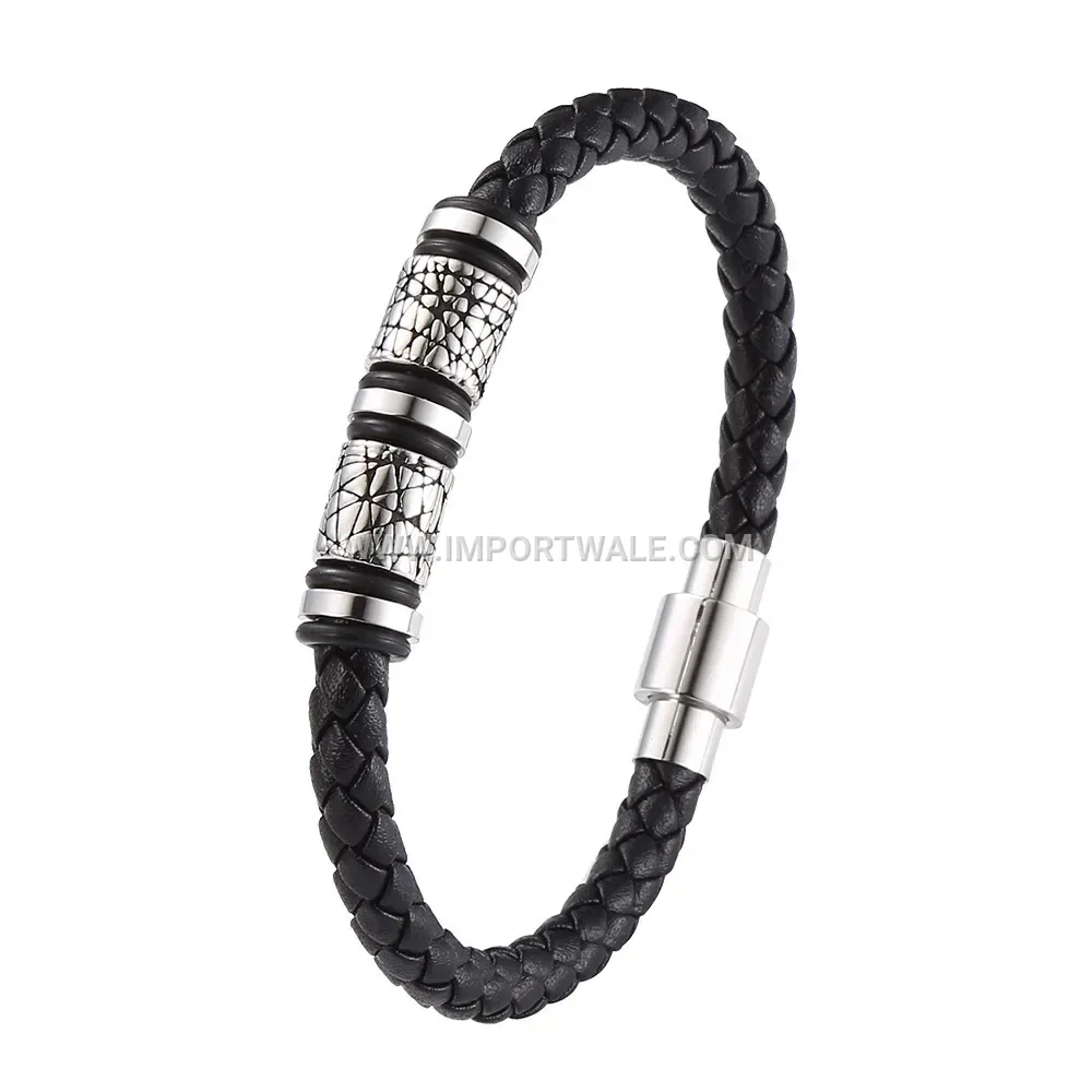 Beaded Braided Leather Wristband with Stainless Steel Accents