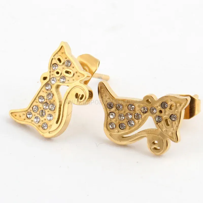 Designer Rhinestone Accent Stainless Steel Cat Stud Earrings