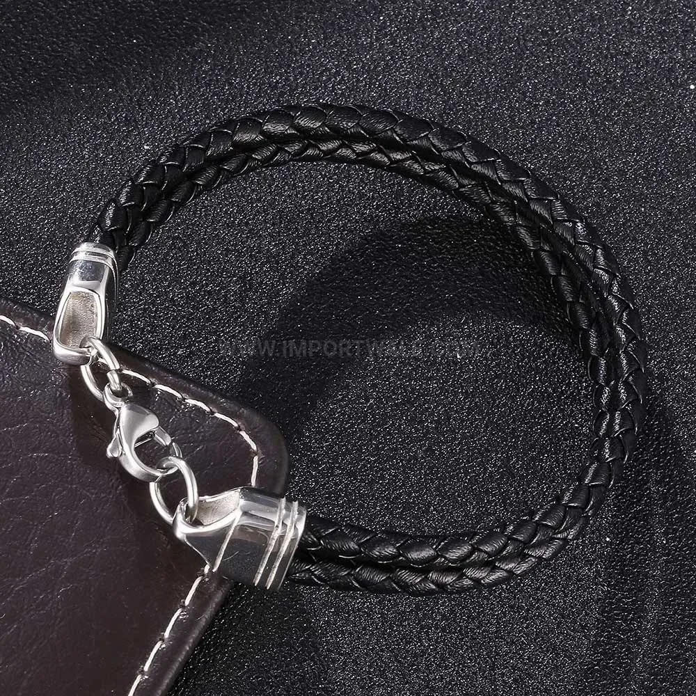 Classic Black Leather Cord Stainless Steel Bracelet
