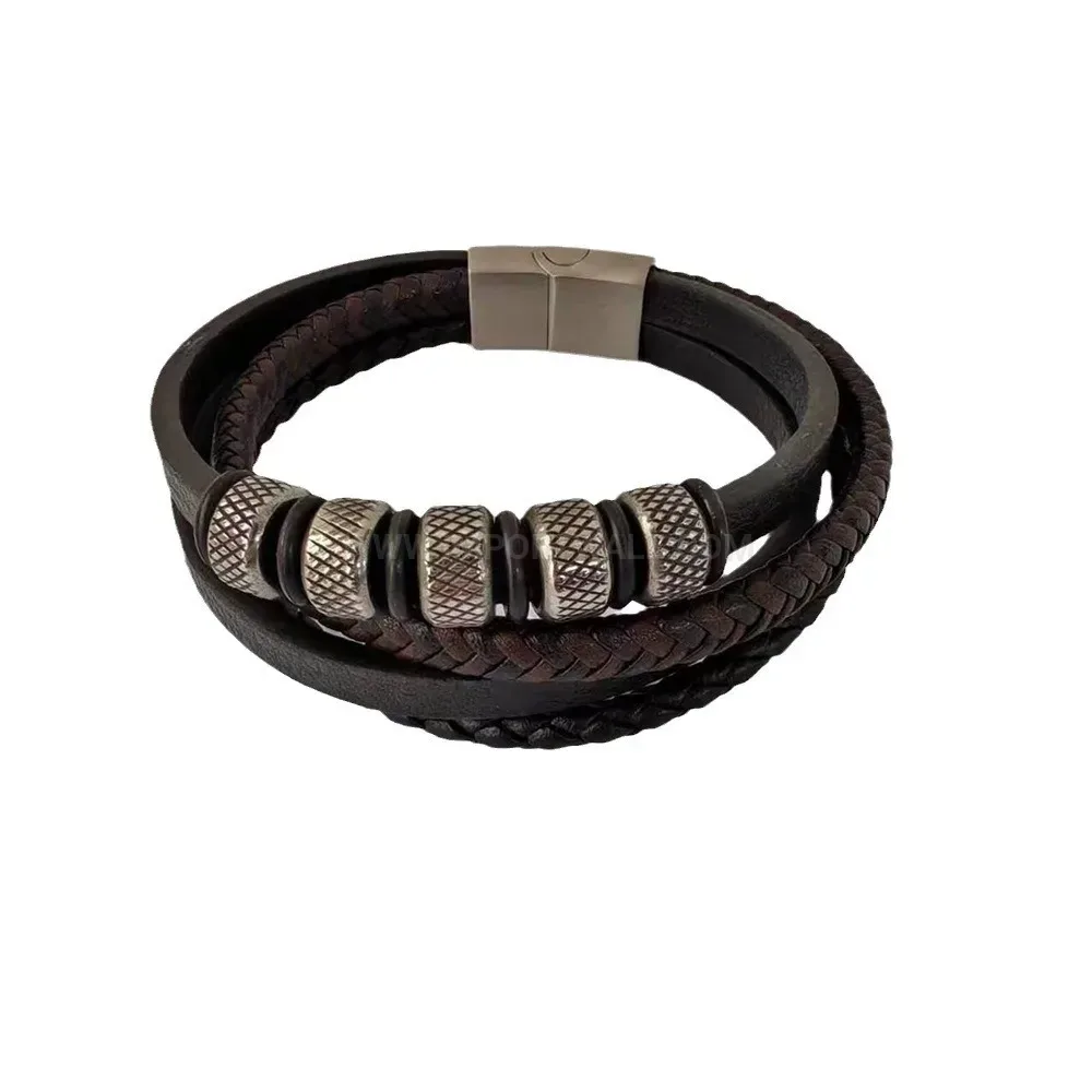 Multi-Layer Braided Microfiber Leather Bracelet with Stainless Steel