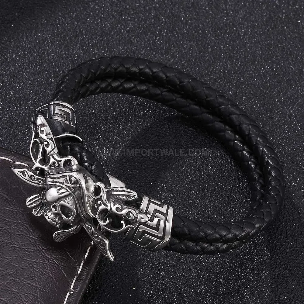 Vintage Double Strand Leather Pirate Skull Steel Bracelet