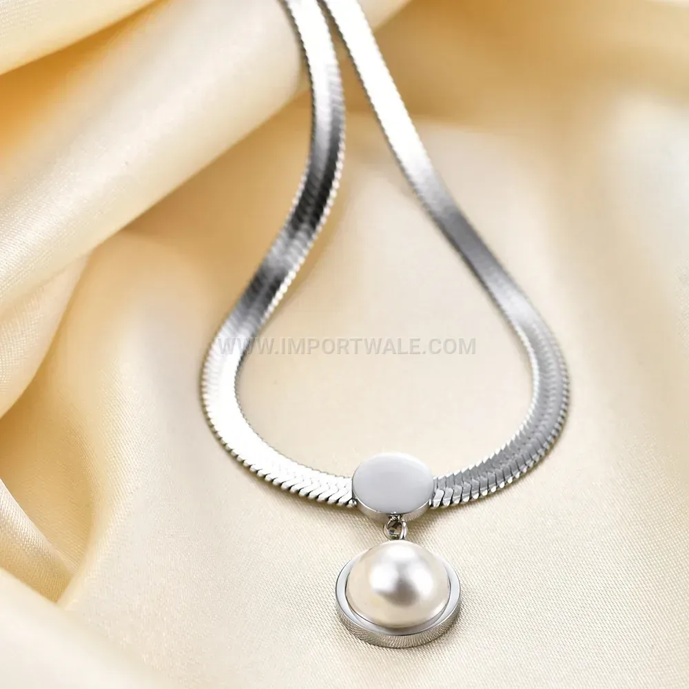 Flat Snake Chain Faux Pearl Stainless Steel Choker Necklace