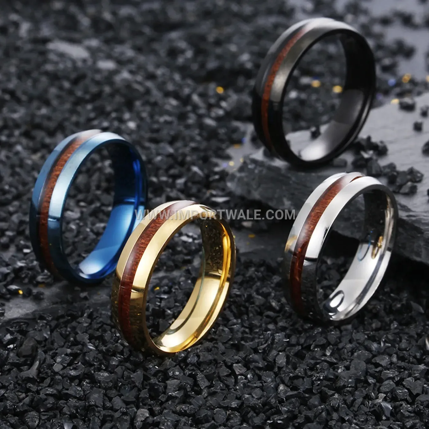 Stainless Steel Curved Wood Grain Inlay 6mm Ring