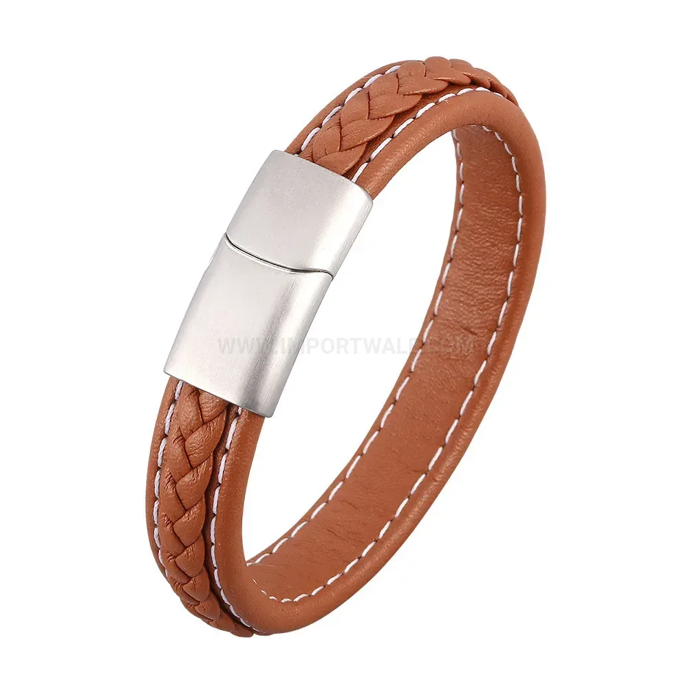 Handcrafted Brown Leather Bracelet with Stainless Steel Clasp
