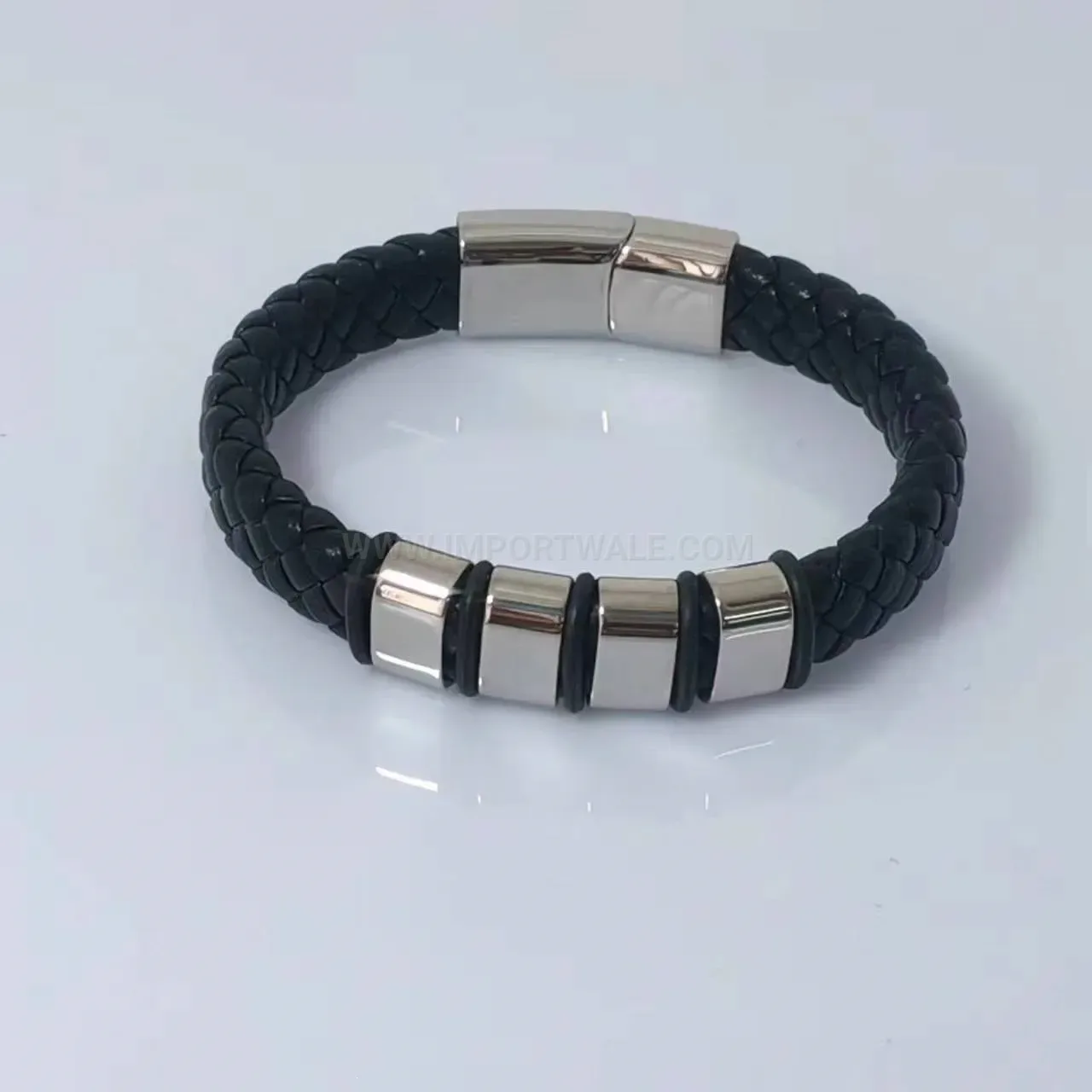 Minimalist Black Leather Strap Stainless Steel Accent Wristband for Men
