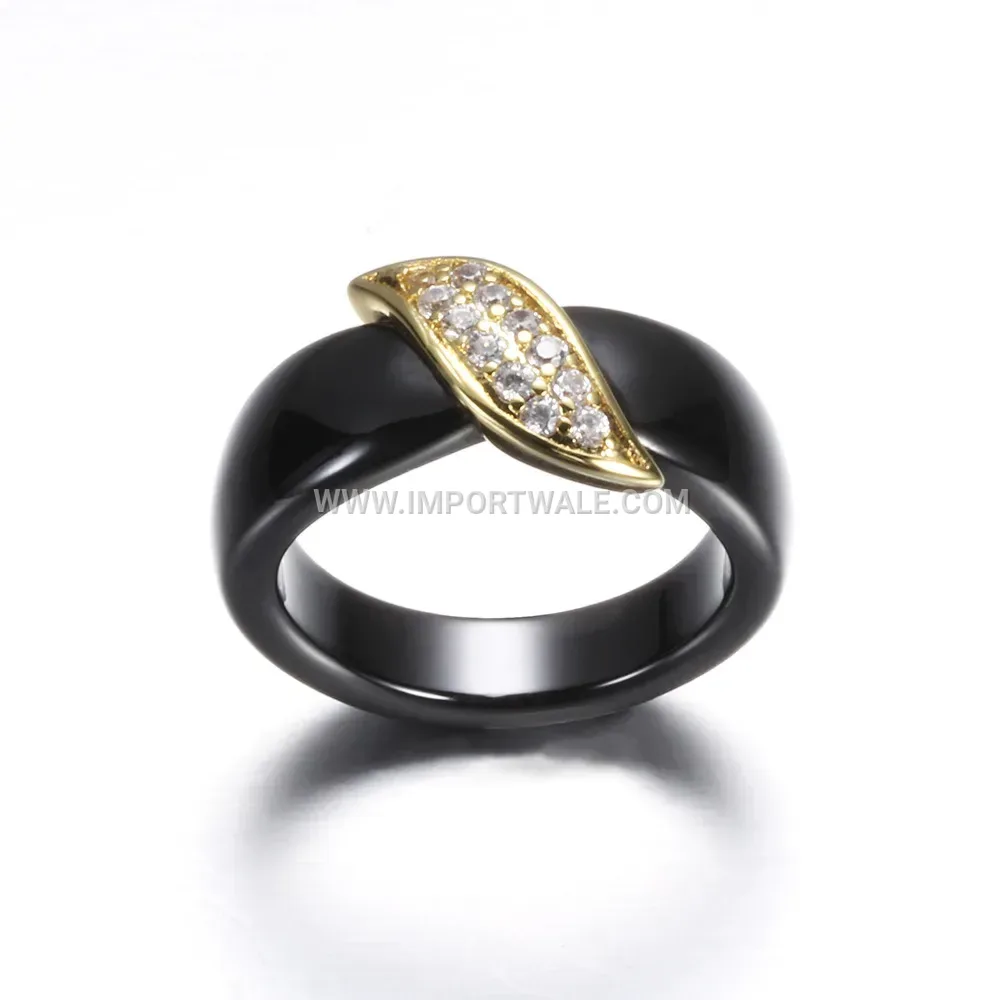 Leaf Motif Rhinestone Ceramic Ring