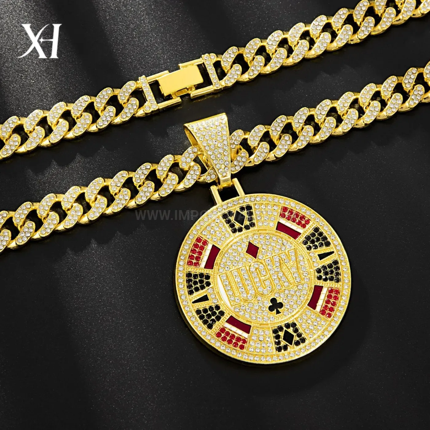 Rhinestone Playing Card Square Pendant with Cuban Chain