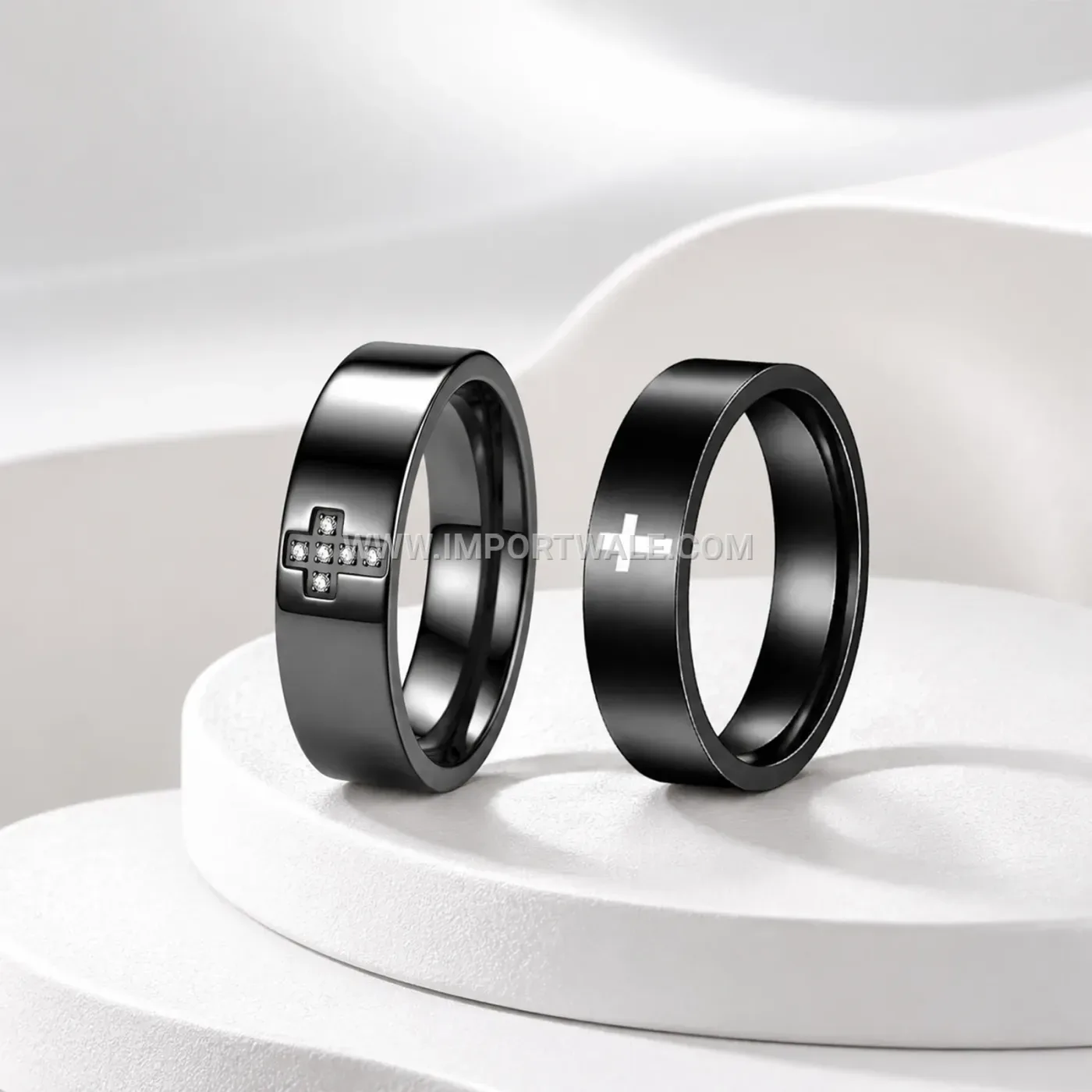 Stepped Edge Hand-in-Hand Engraved Stainless Steel Couple Ring Band