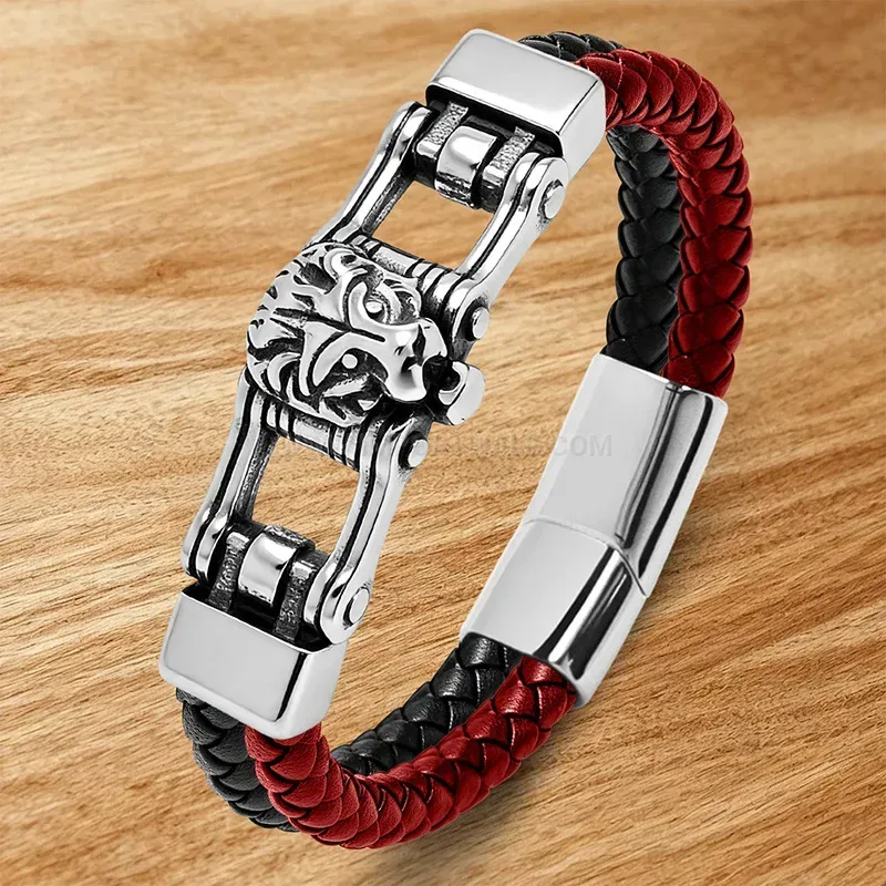 Fashion Sculpted Lion Head Dual-Tone Leather Steel Bracelet