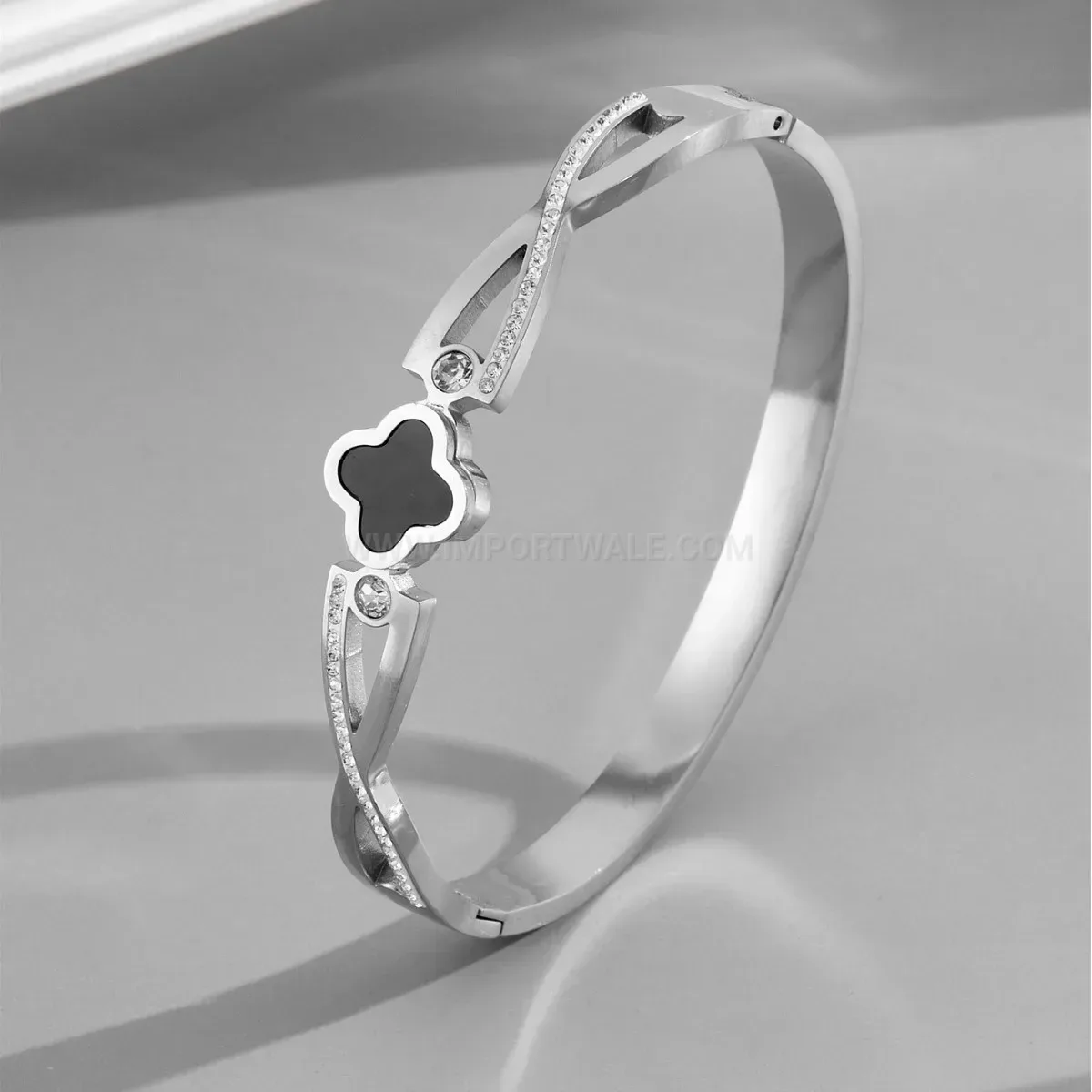 Pave Crystal Four Leaf Clover Titanium Steel Bangle