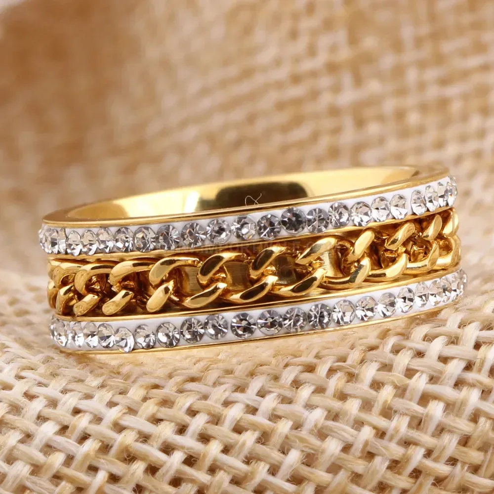 Twisted Chain Double Row Crystal Gold Plated Ring