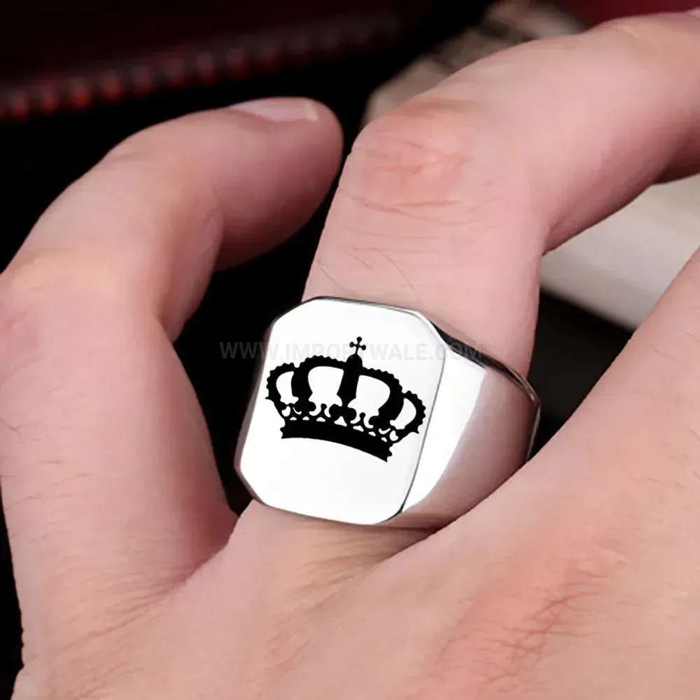 Trendy Crown Engraved Square Top Stainless Steel Signet Ring