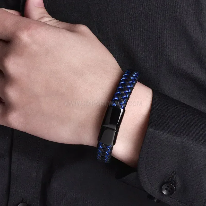 Designer Medical Alert Leather Bracelet with Stainless Steel Magnetic Clasp