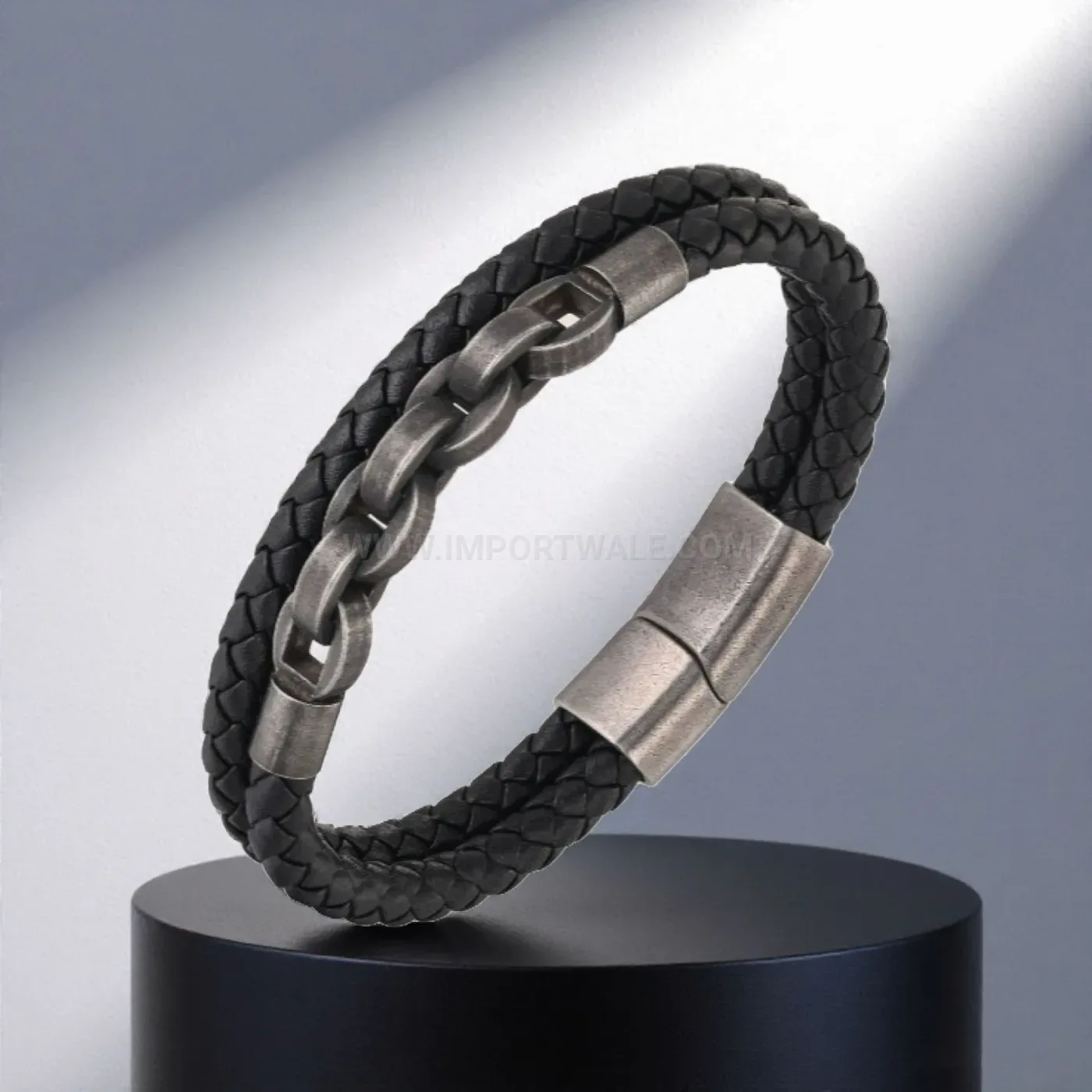 Distressed Steel Chain and Microfiber Leather Men's Bracelet