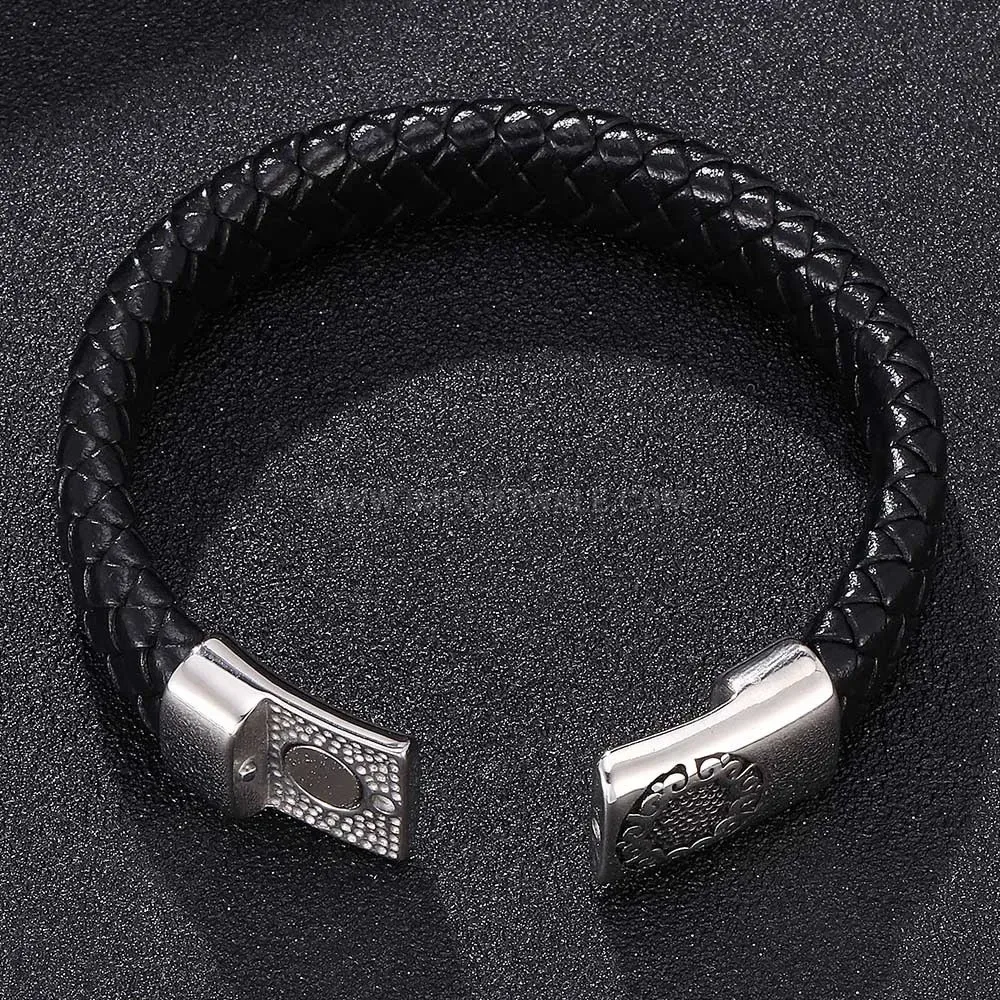Vintage Black Leather Bracelet with Stainless Steel Magnetic Clasp