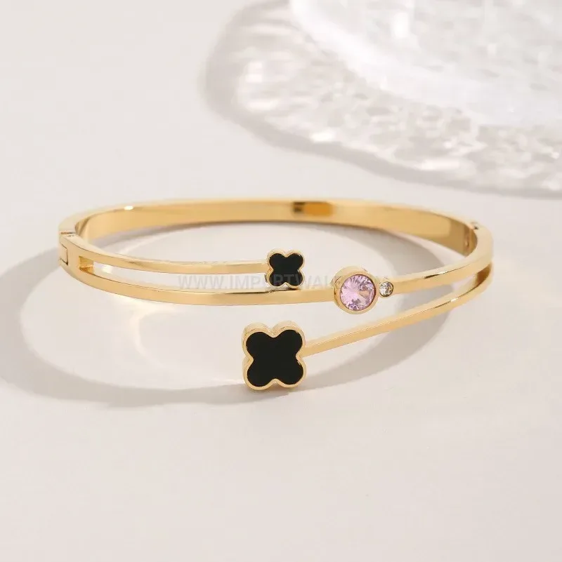 Classic Clover Flower Titanium Steel Crystal Hinged Bangle
