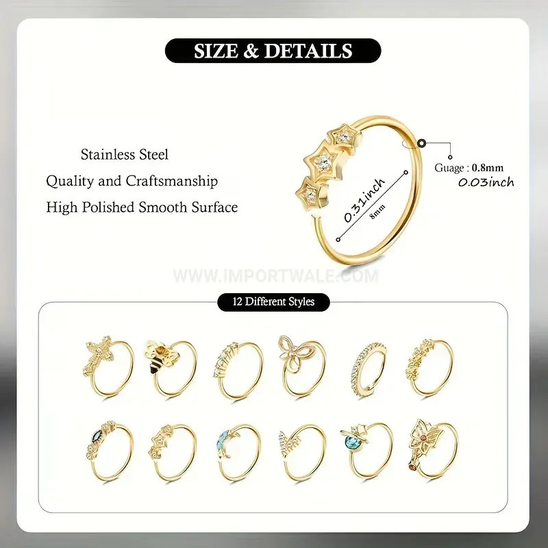 Stylish Sparkling Zirconia Stainless Steel Nose Ring Piercing Jewelry