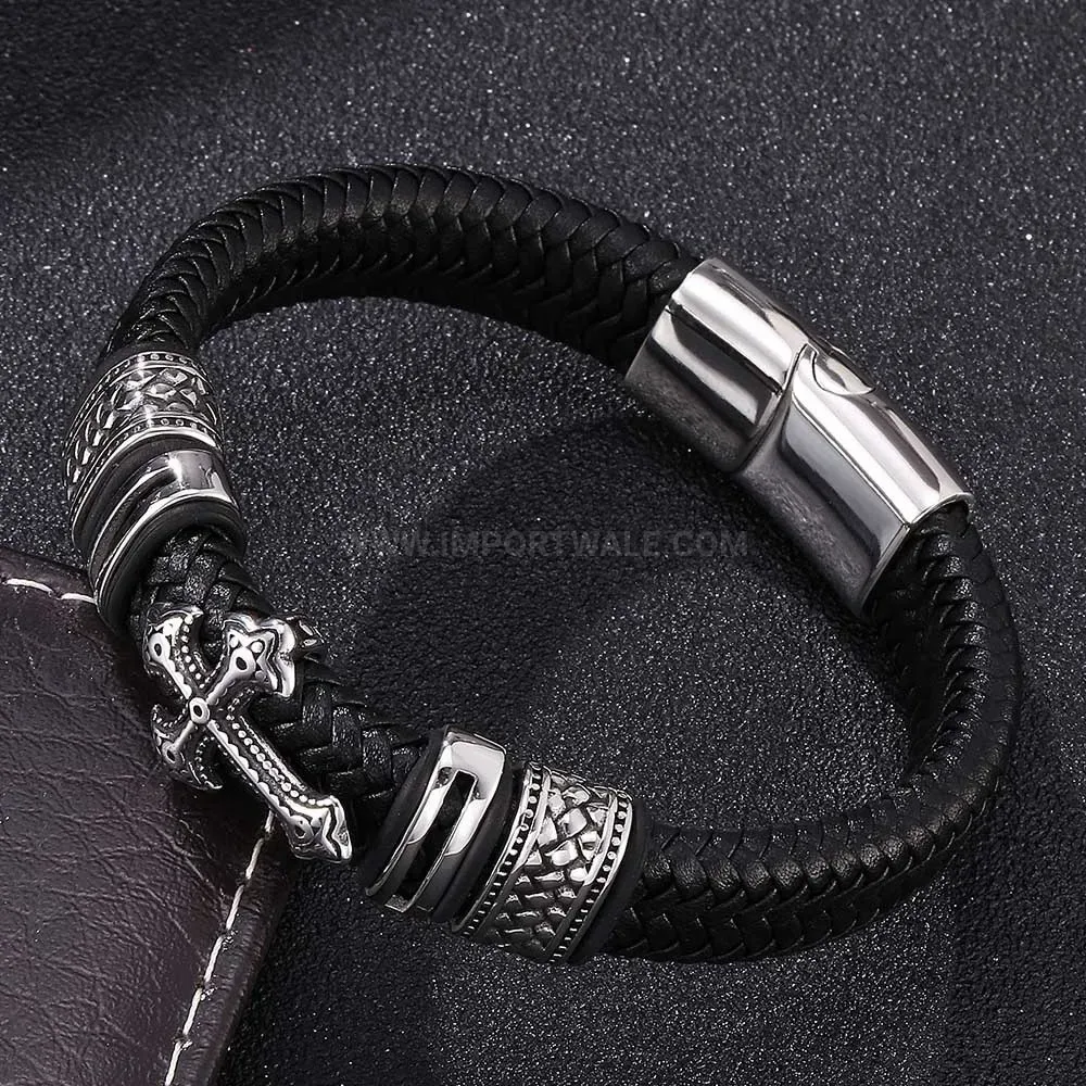 Trendy Braided Leather Stainless Steel Cross Magnetic Clasp Bracelet