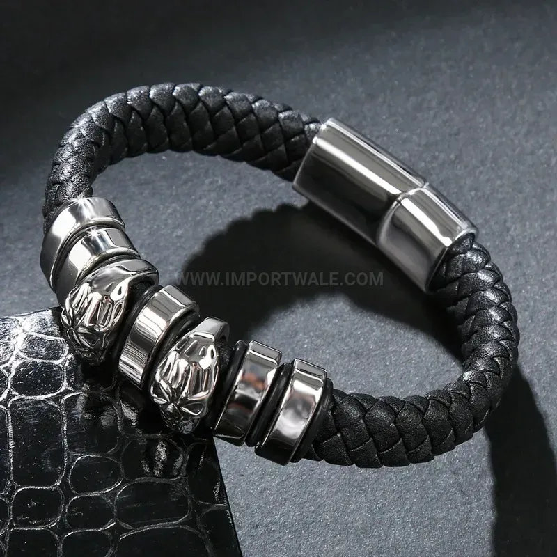 Stylish Braided Leather Skull Accent Bracelet with Stainless Steel Hardware